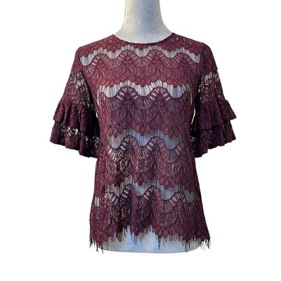 Inny Top Womens M Burgundy Boho Lace Crochet 3/4 Bell Sleeve Fringed Back Zip - Picture 1 of 8